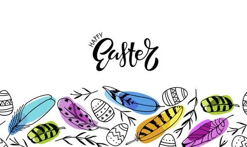 Seamless Border with bright Feathers, eggs scketch, handwritten caligrapty Happy Stock-Illustration