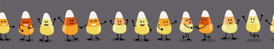 Seamless border of Candy Corn characters. Merry Halloween candies, sweets. Flat Stock Illustration