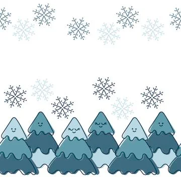 Seamless border. Christmas trees with cute emotional faces. Stock Illustration