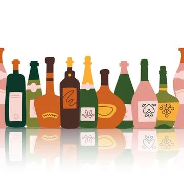 Seamless border - Collection of alcoholic drinks. Group of bottles of alcohol Illustrazione stock