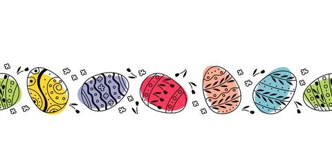 Seamless border with colorful painted easter eggs. Vector Seamless doodle sketch Stock Illustration