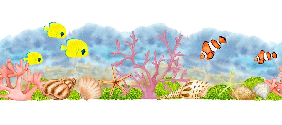Seamless border with corals, shells and tropical fish. Stock Illustration