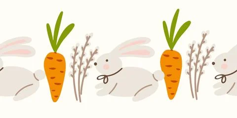 Seamless border with cute Easter bunnies, carrots, and plants Stockillustratie
