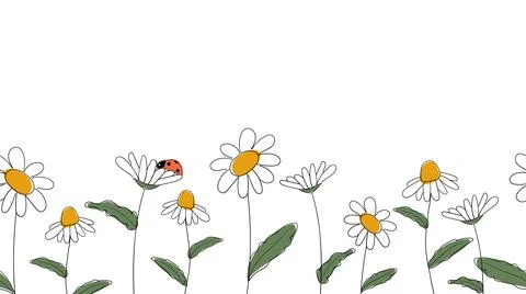 Seamless border of daisies hand drawn in simplified children cartoon naive Stock Illustration