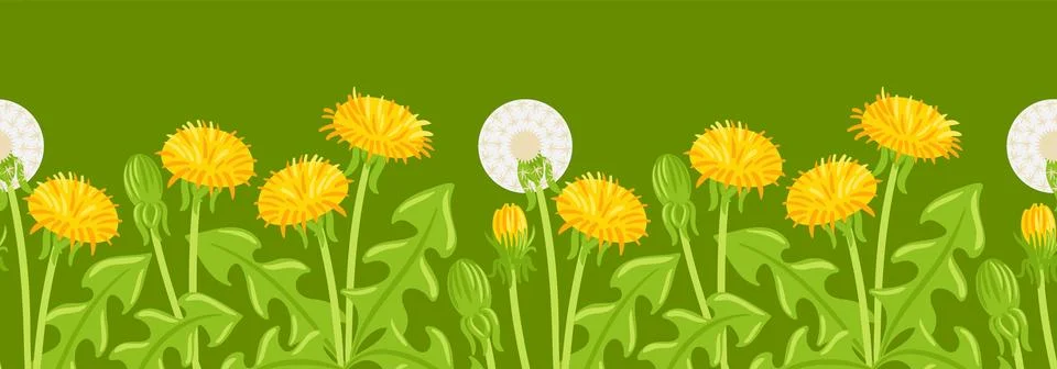 Seamless border design featuring whimsical dandelions with vibrant yellow petals Stock Illustration
