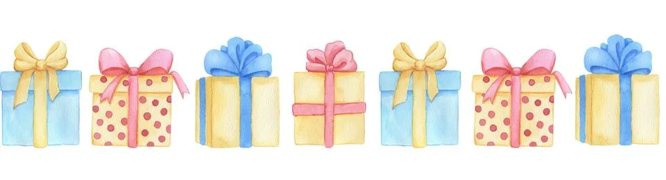 Seamless border with different gift boxes. Watercolor drawing gift box with bow Stock Illustration