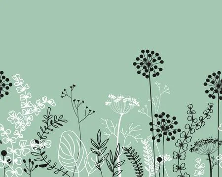 Seamless border with doodle forest and meadow plants. Hand drawn floral bac.. Stock Illustration