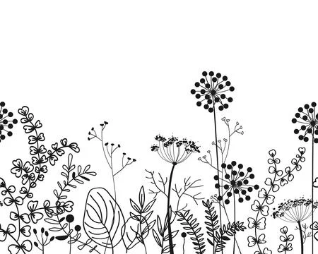 Seamless border with doodle forest and meadow plants. Hand drawn floral backg Stock Illustration