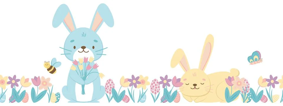 Seamless border with Easter bunny rabbits Illustrazione stock