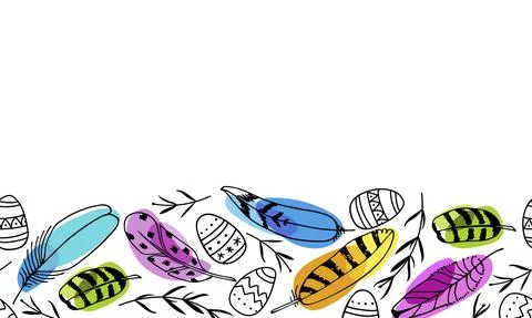 Seamless Border with Feathers and eggs scketch on bright painted spots. Hand Stock-Illustration