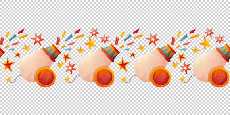 Seamless border featuring circus props. Design featuring festive decorations. Stock Illustration