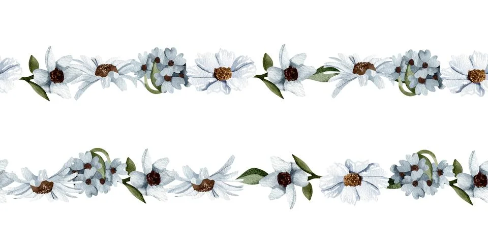 A seamless border featuring a pattern of blue wildflowers. A botanical wate.. Stock Illustration