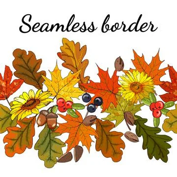 Seamless border with flowers, berries, nuts, leaves. Stock Illustration