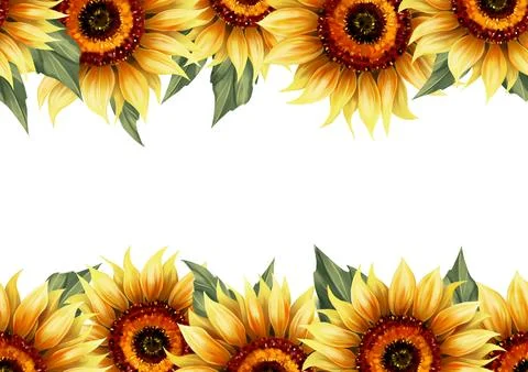 Seamless border frame with hand-drawn sunflowers. Stock-Illustration