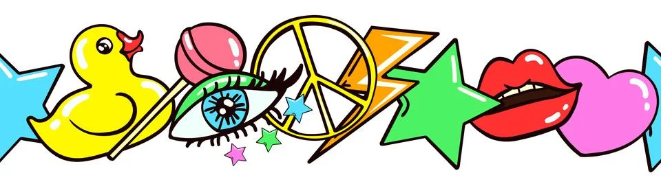 Seamless border frame or pattern 70s, 80s style. Cartoon retro background Stock Illustration