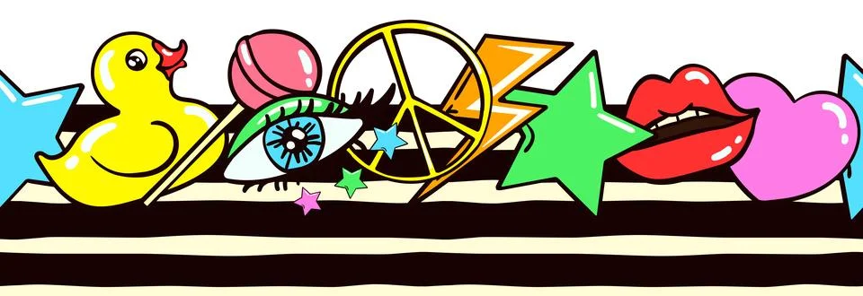 Seamless border frame or striped pattern 70s, 80s. Cartoon colorful retro vibes Stock Illustration