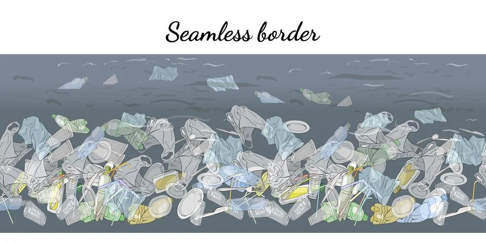 Seamless border with garbage on the ocean. The concept of ecological catastro Stock Illustration