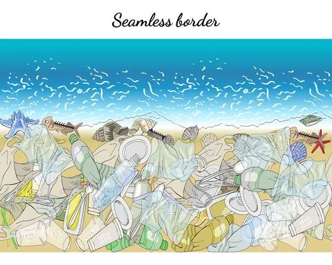 Seamless border with garbage on the ocean shore. Stock Illustration