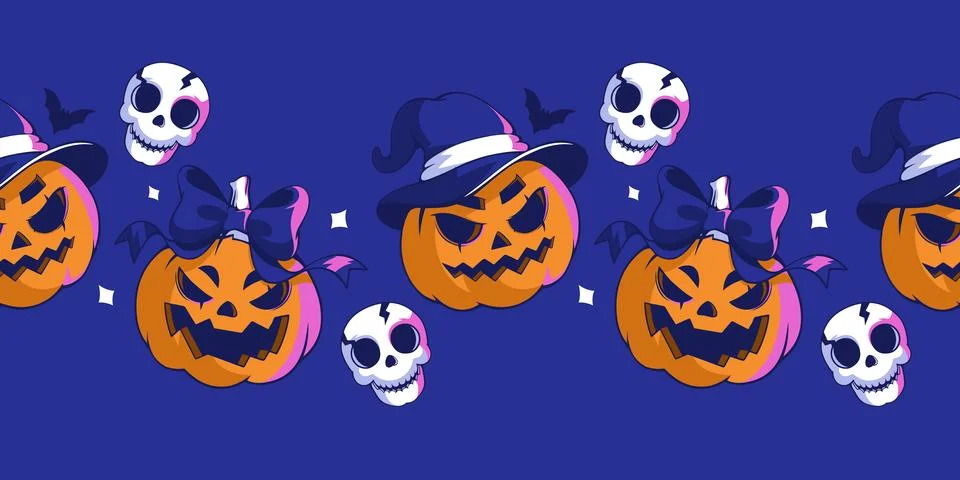 Seamless border with jack o lantern pumpkin monsters. Halloween background Stock Illustration