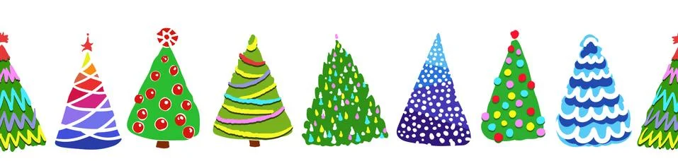 Seamless border or frame with hand drawn doodle funny Christmas tree set. Stock Illustration