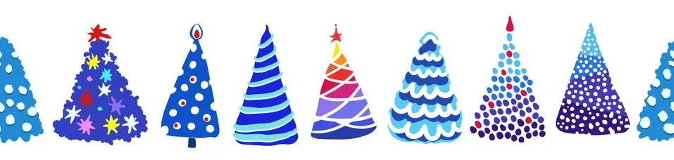 Seamless border or frame with hand drawn doodle funny Christmas tree set. Stock Illustration