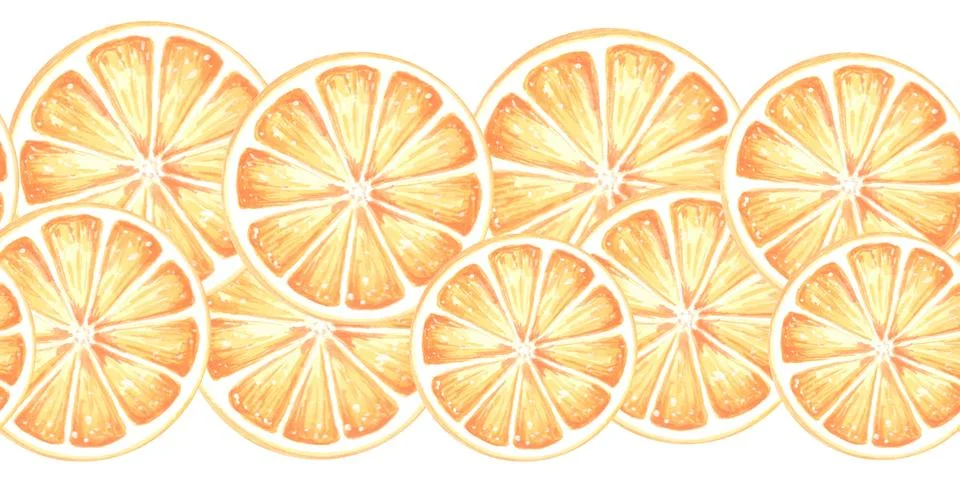 Seamless border with oranges fruit round slice. Watercolor hand drawn Stock Illustration