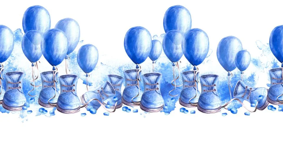 Seamless border pattern with Blue Air ballon, baby shoes, booties.Hand drawn Stock Illustration