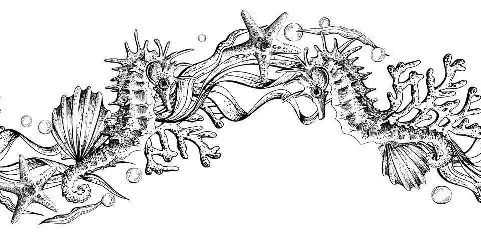 Seamless border pattern with hand drawn seahorse, starfish, sea bubbles, coral Stock Illustration