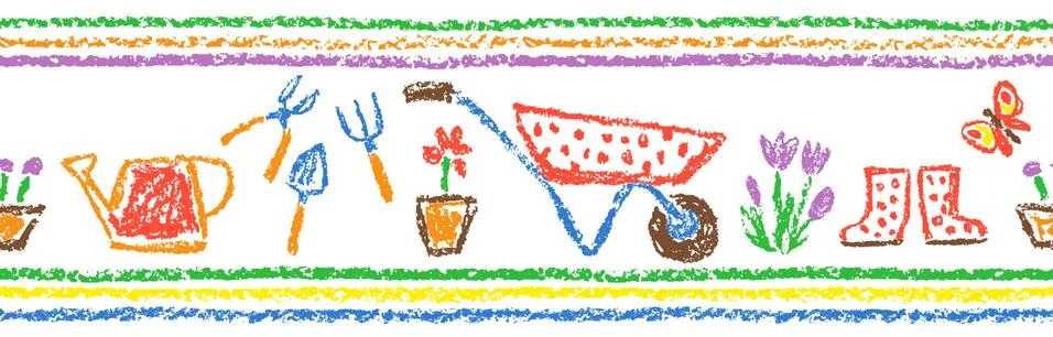 Seamless border, pattern or frame funny doodle gardening tools set Stock Illustration