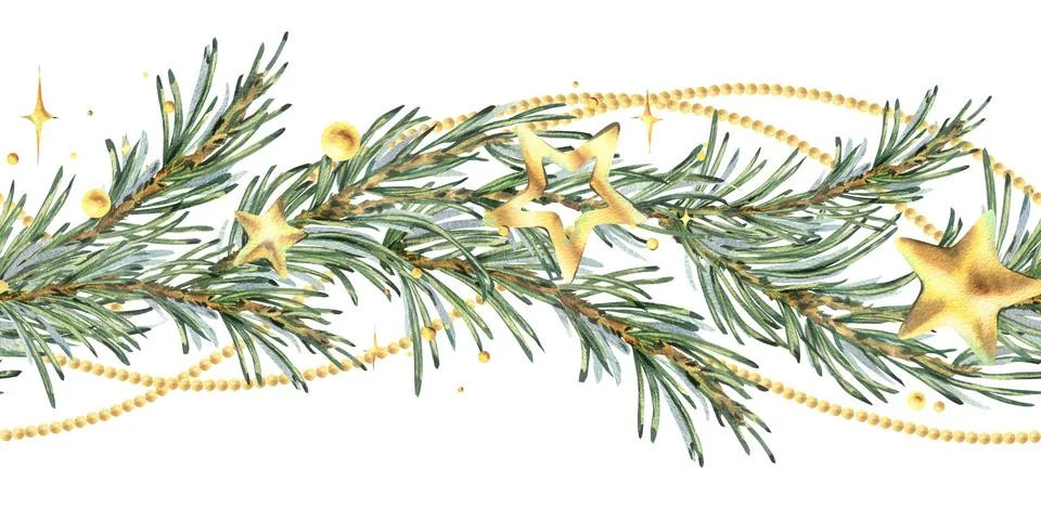 A seamless border pattern of pine branches with Christmas twinkles, gold stars Stock Illustration