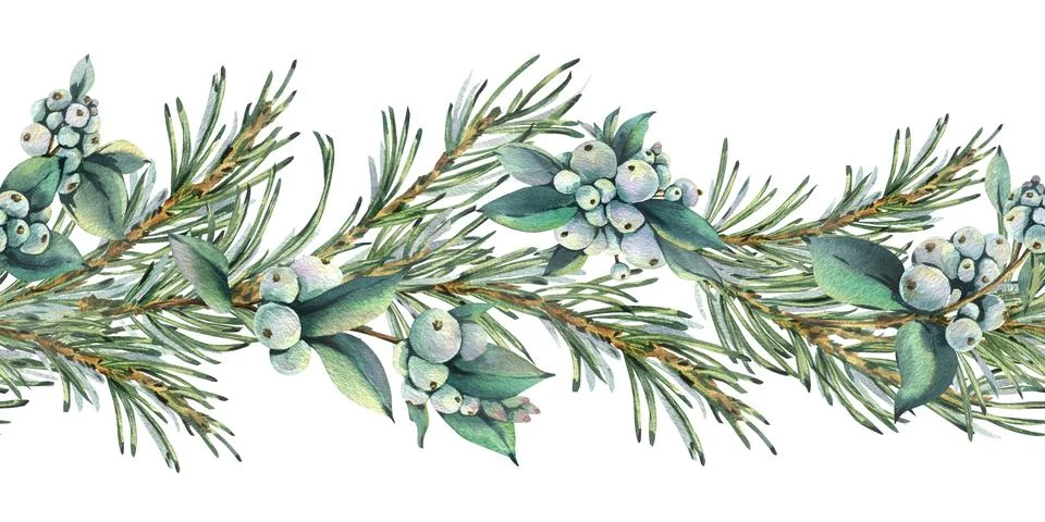 A seamless border pattern of pine branches with snowberry branches bearing white Stock Illustration