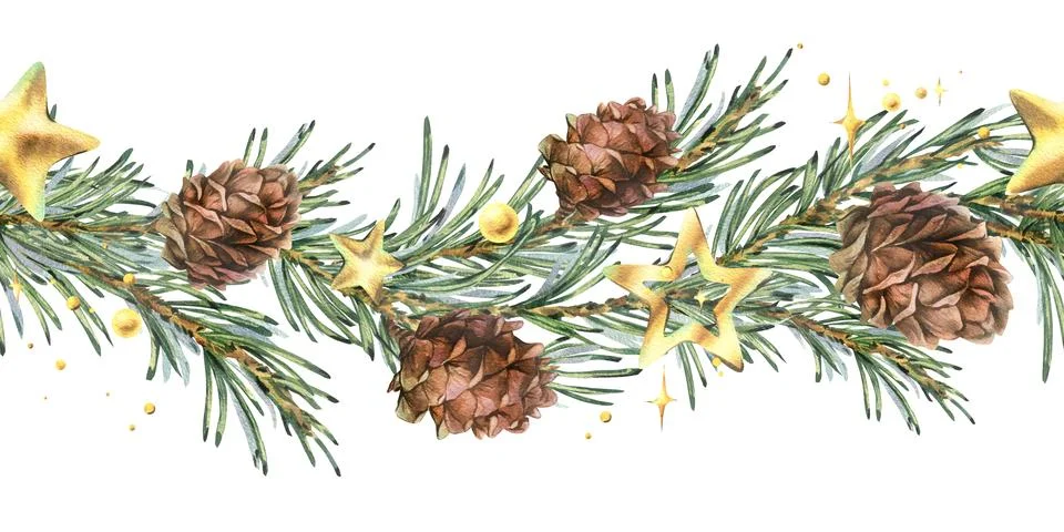 A seamless border pattern of pine branches and cones with Christmas glitter Stock Illustration