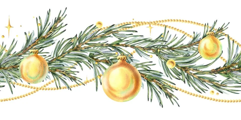 A seamless border pattern of pine branches with Christmas shimmer, golden Stock Illustration