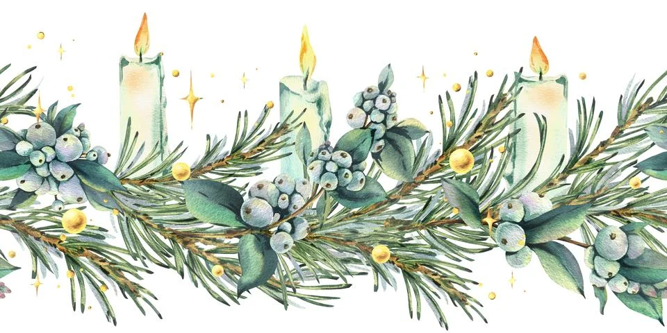 A seamless border pattern of pine branches, snowberry twigs, burning candles Stock Illustration