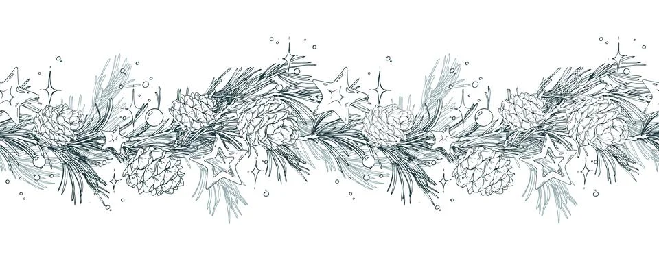 A seamless border pattern of pine branches, pine cones, stars, and beads, a Stock Illustration