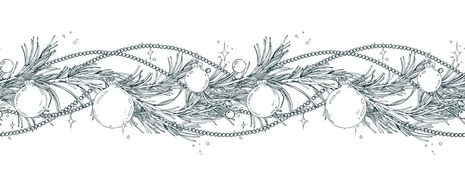 A seamless border pattern of pine branches with balls and beads, and a floral Stock Illustration