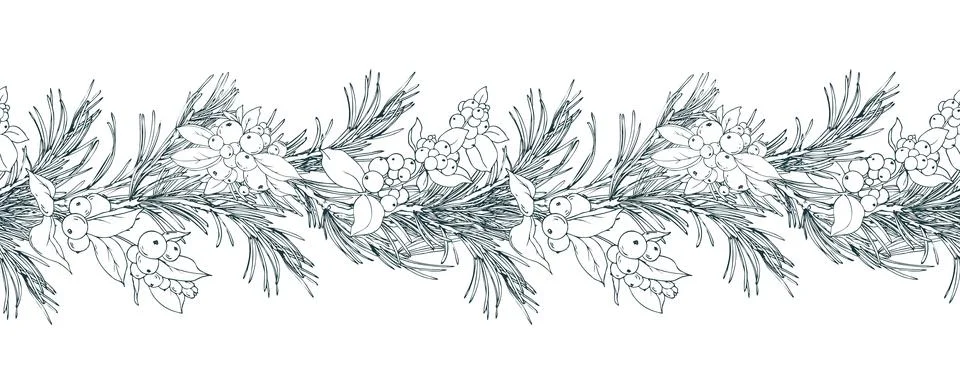 A seamless border pattern of pine branches with snowberries and a floral garland Stock Illustration