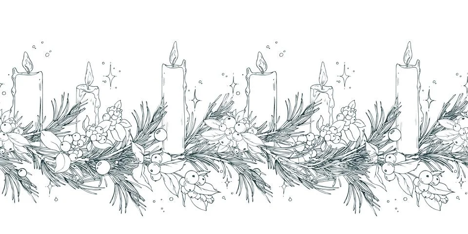 Seamless border pattern of pine branches with snowberries and candles. Floral Stock Illustration