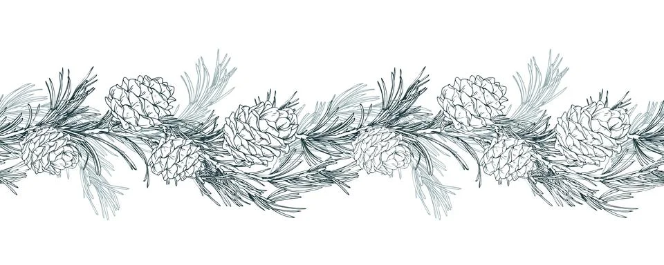 A seamless border pattern of pine branches and cones, fluffy floral garland. A Stock Illustration