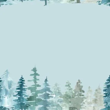 Seamless border pattern of pine trees Christmas winter forest on a blue Stock Illustration