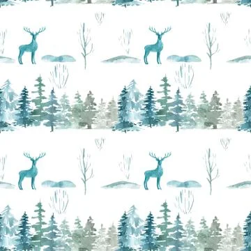 Seamless border pattern of pine trees Christmas winter forest on a white Stock Illustration