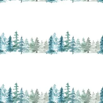 Seamless border pattern of pine trees Christmas winter forest on a white Foto stock