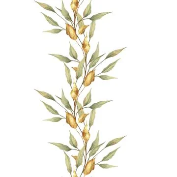 Seamless border pattern of wild leaves on white background Stock Illustration