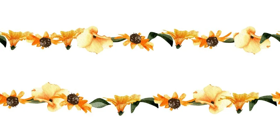 A seamless border with a pattern of yellow wildflowers. A botanical design .. Illustrazione stock