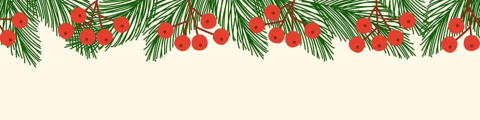 Seamless border with pine branches and red berries, winter holidays design 스톡 일러스트