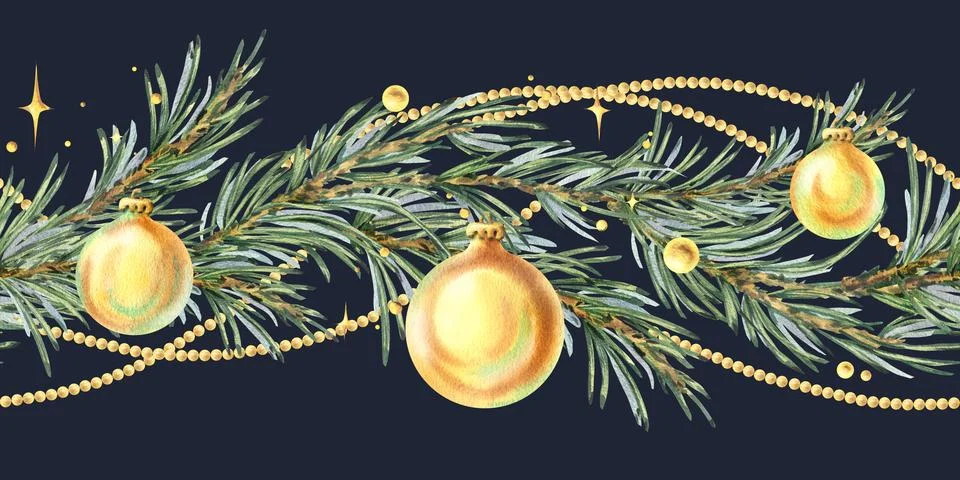 A seamless border of pine branches with golden Christmas baubles and hanging Stock Illustration