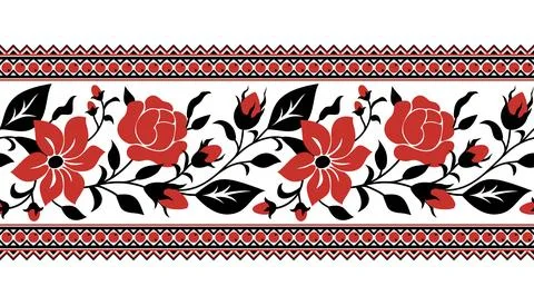 Seamless Border with Red Rose and Mallow Composition Inspired by Ukrainian .. Stock Illustration