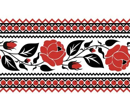 Seamless Border with Red Rose Inspired by Ukrainian Traditional Embroidery Stock Illustration