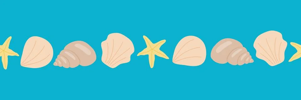 Seamless border with sea shells and sea stars, flat vector Illustrazione stock
