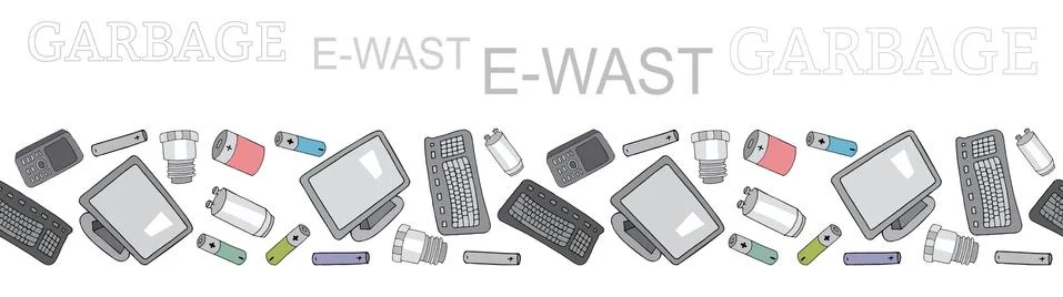 Seamless border of sorted electronic waste garbage isolated on white. Stock Illustration